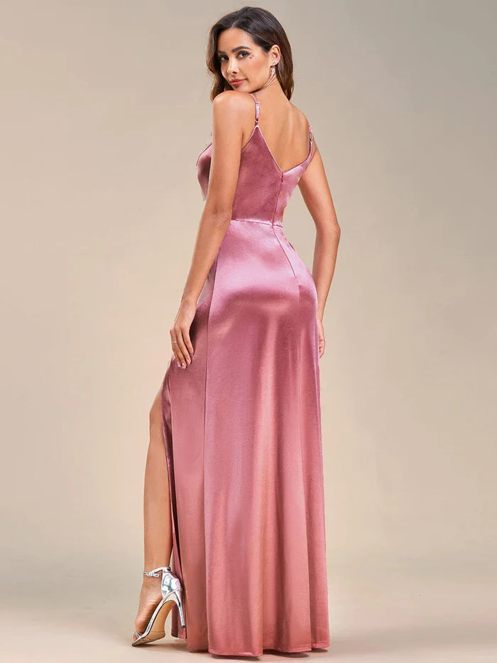 Spaghetti Straps V-Neck Sleeveless Satin High Side Slit Evening Dress