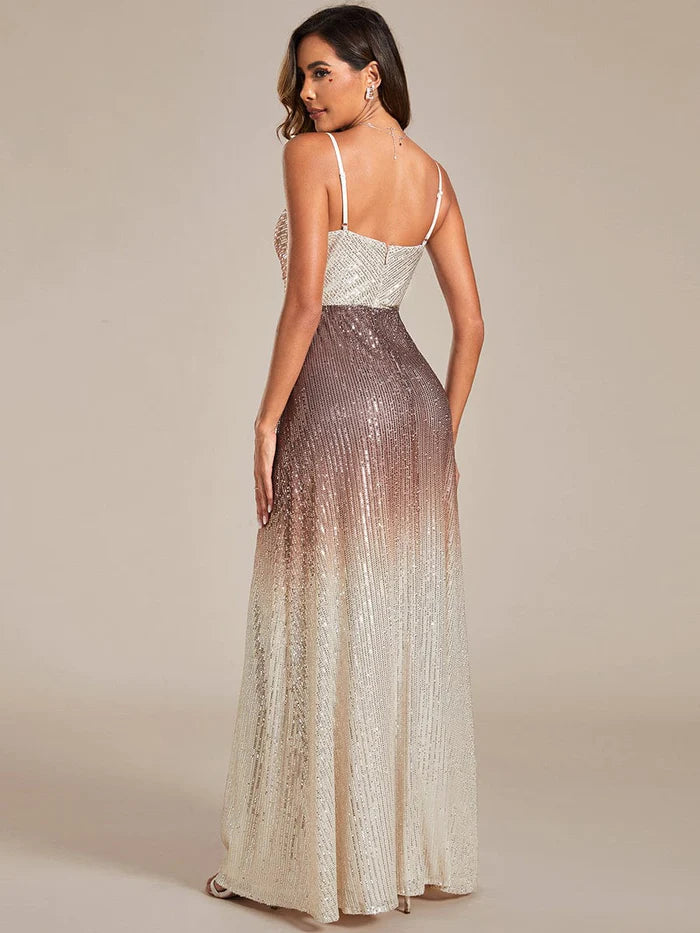 Gradient Sequin Spaghetti Strap V-Neck Long Evening Dress