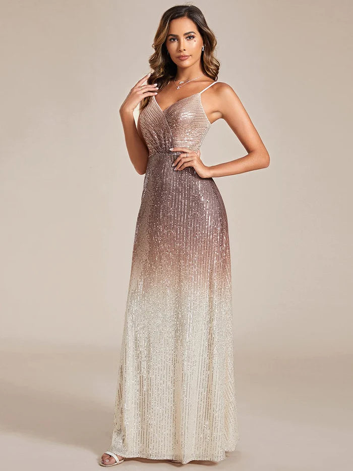 Gradient Sequin Spaghetti Strap V-Neck Long Evening Dress