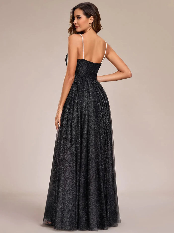 Glittering Spaghetti Straps Open Back A-Line Evening Dress