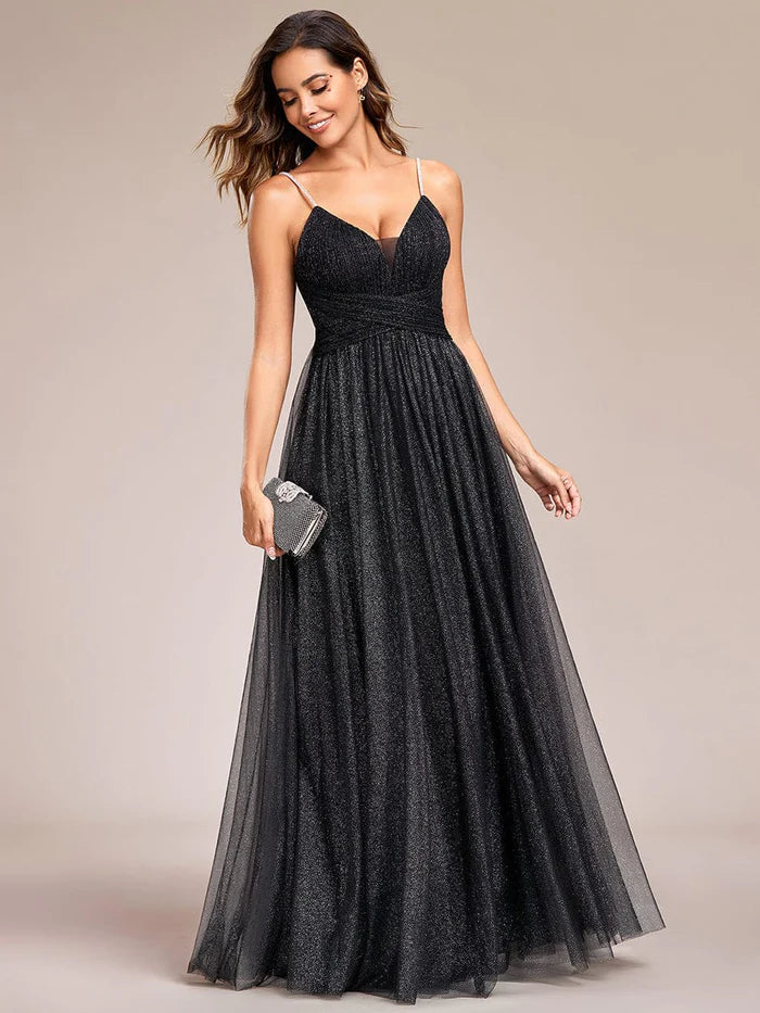 Glittering Spaghetti Straps Open Back A-Line Evening Dress