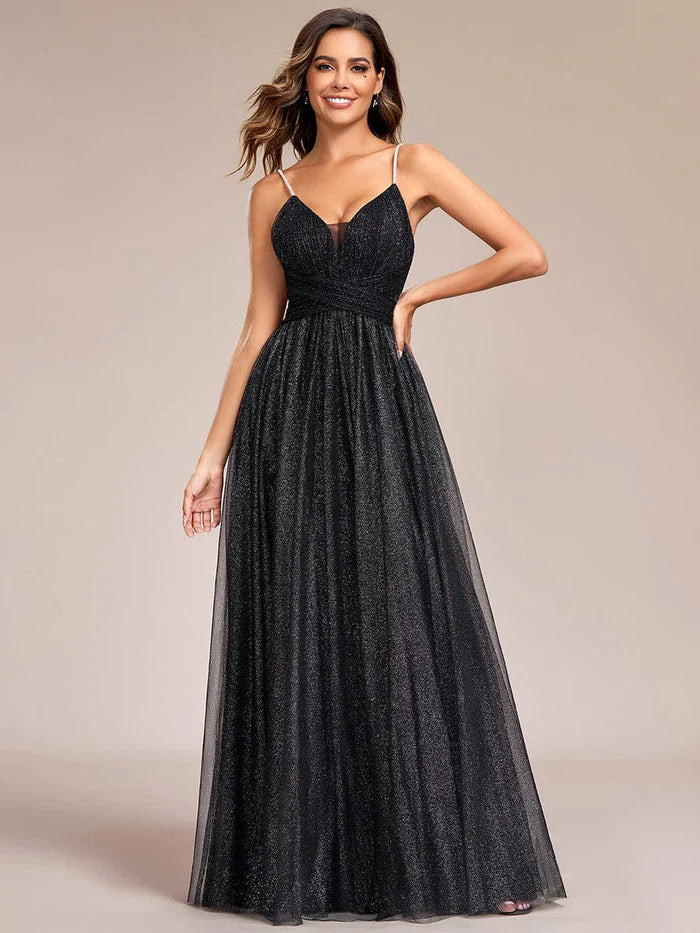 Glittering Spaghetti Straps Open Back A-Line Evening Dress
