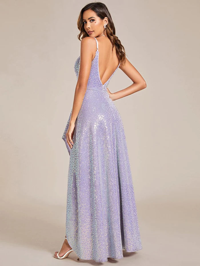 Sparkling V-Neck Spaghetti Straps High-Low Evening Dress