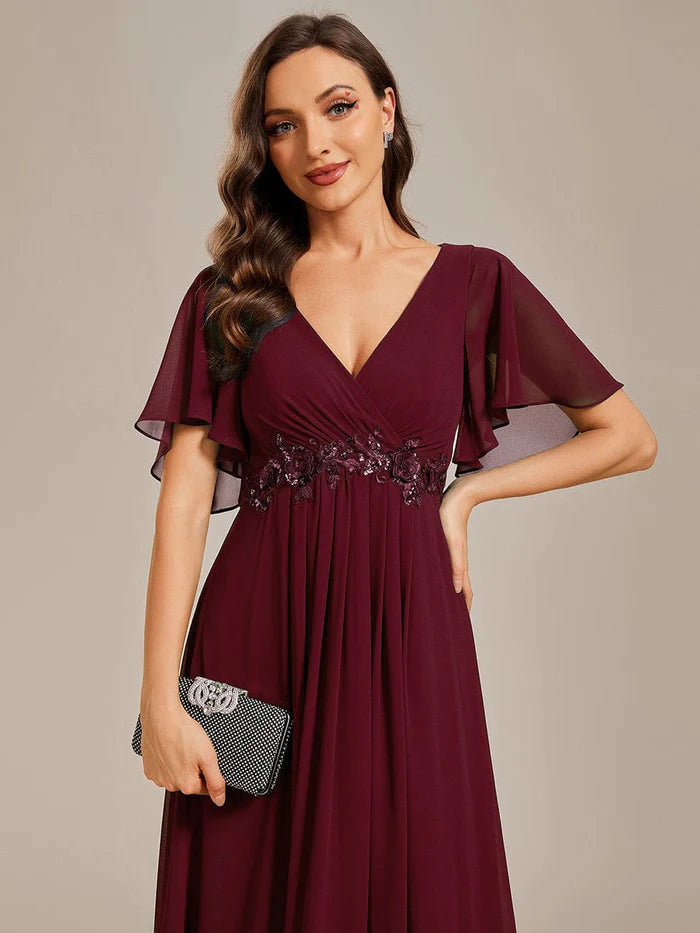Elegant Chiffon Applique Evening Dress with Flutter Sleeves