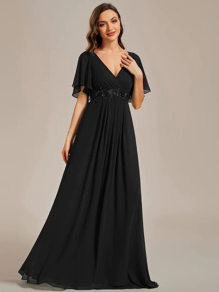 Elegant Chiffon Applique Evening Dress with Flutter Sleeves