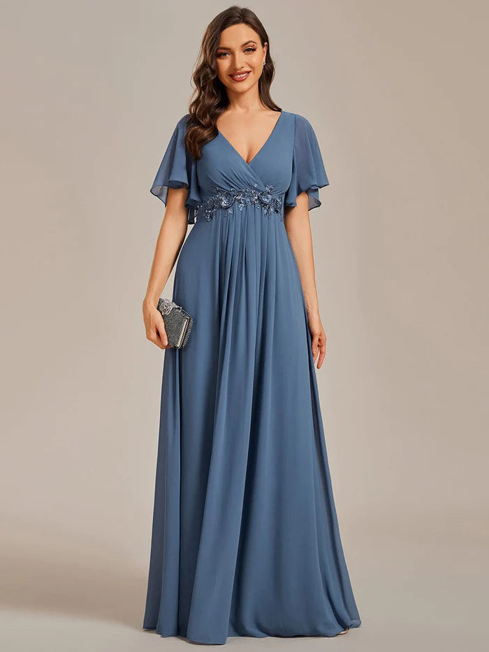 Ruffles Sleeve A-Line Chiffon Waist Applique Maxi Evening Dress