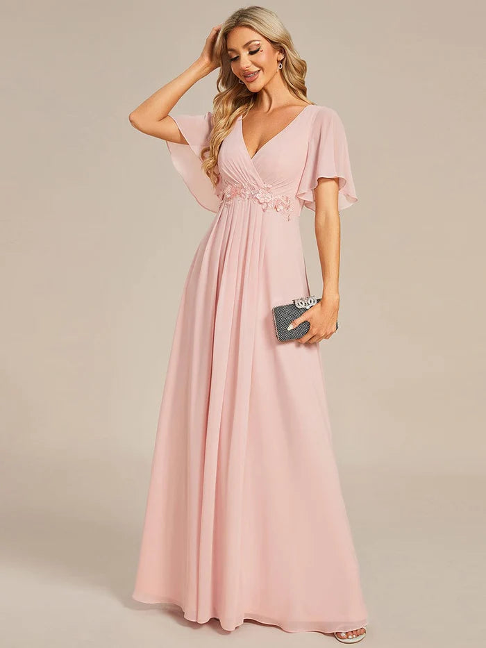 Elegant Chiffon Applique Evening Dress with Flutter Sleeves