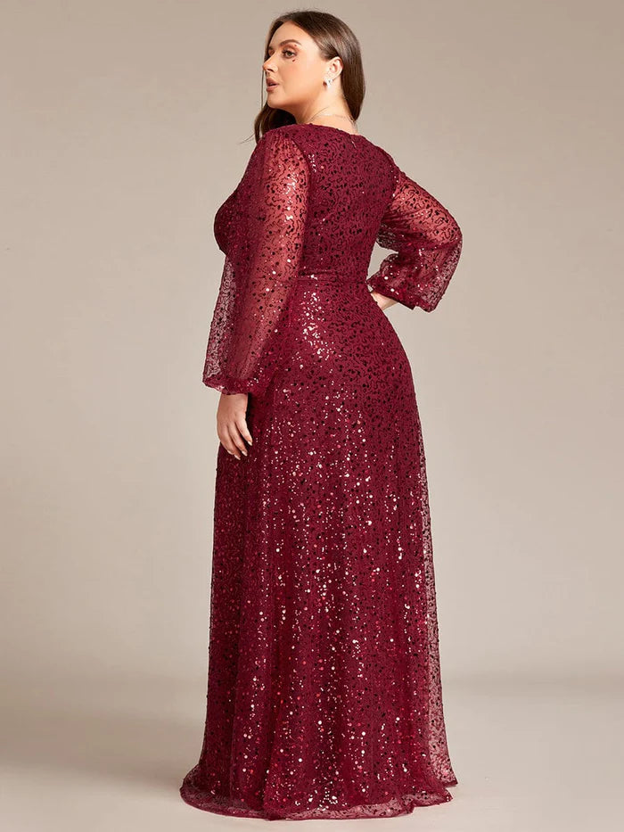 V-Neck Lantern Long Sleeve Sequin A-Line Evening Dress