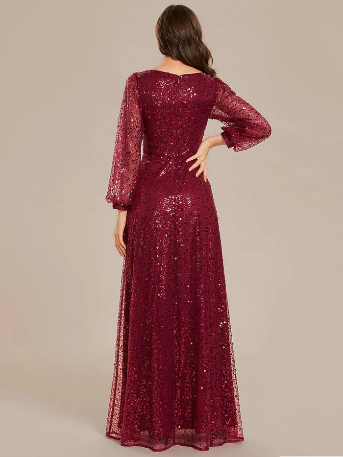 V-Neck Lantern Long Sleeve Sequin A-Line Evening Dress