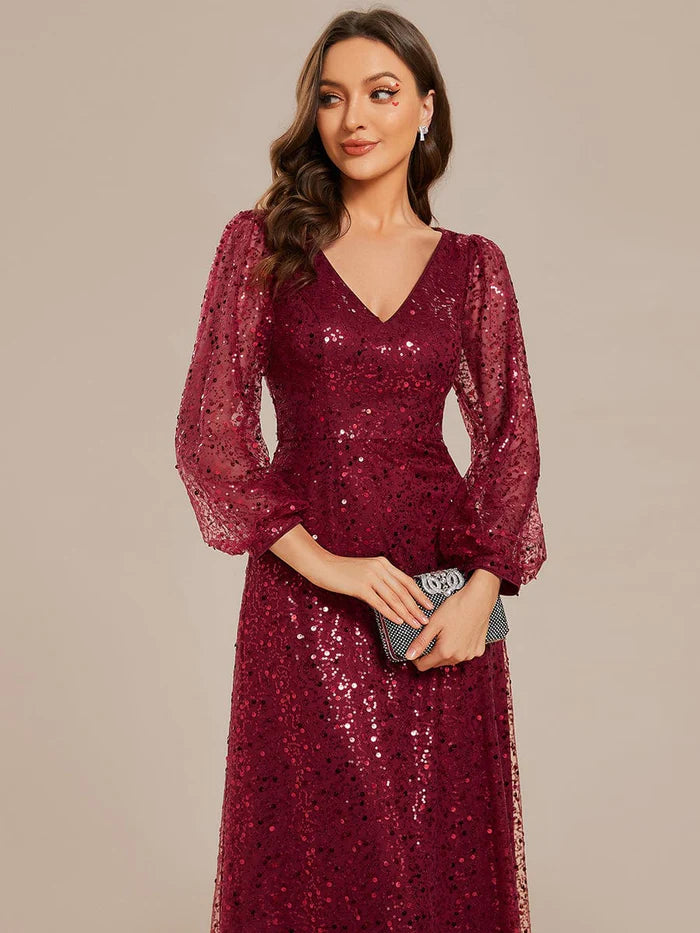 V-Neck Lantern Long Sleeve Sequin A-Line Evening Dress