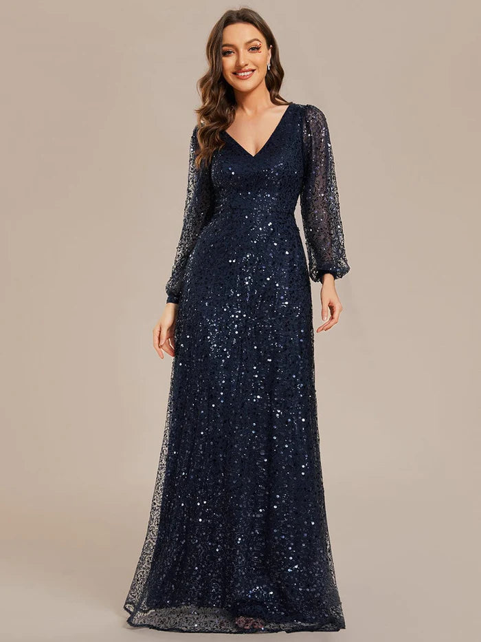 V-Neck Lantern Long Sleeve Sequin A-Line Evening Dress