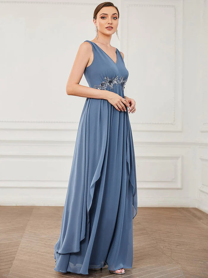 V-Neck Sleeveless Chiffon Sequin Waist A-Line Evening Dress