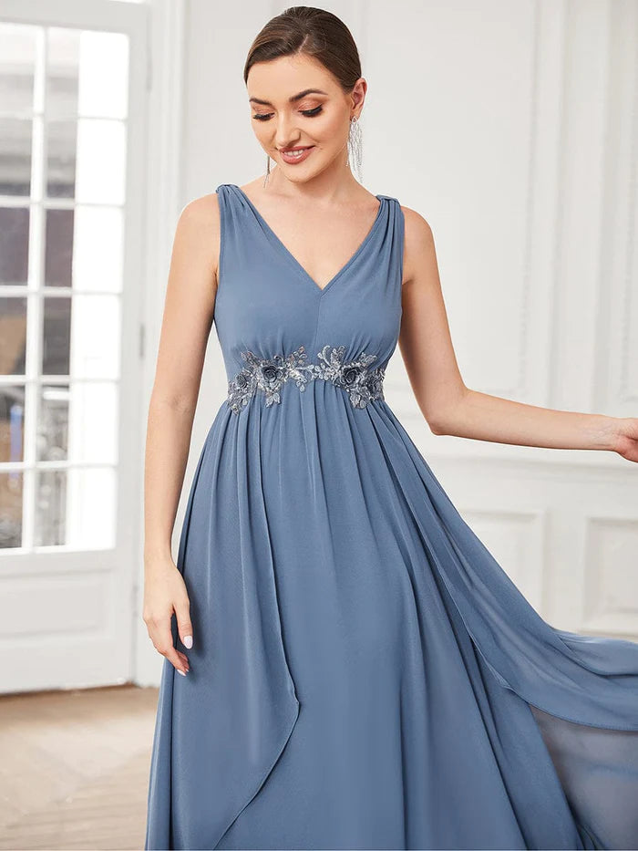 V-Neck Sleeveless Chiffon Sequin Waist A-Line Evening Dress