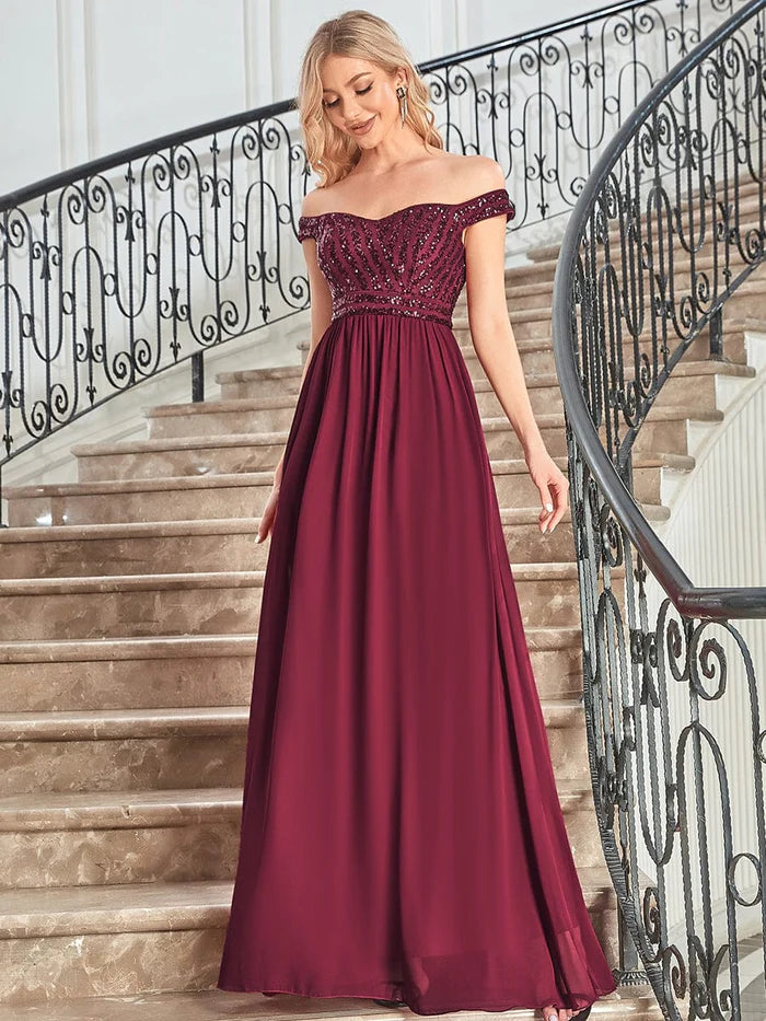 Off Shoulder Shining Paillette A-Line Maxi Evening Dress