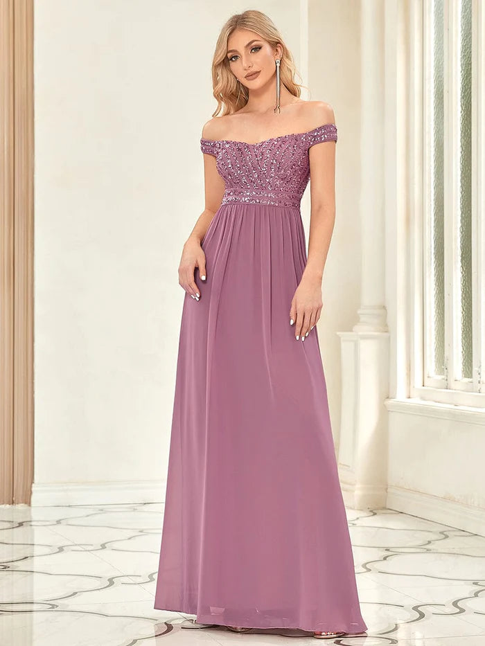 Off Shoulder Shining Paillette A-Line Maxi Evening Dress