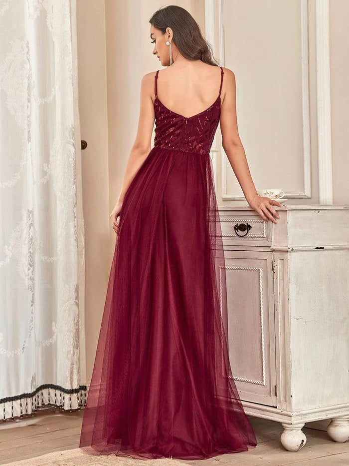 V Neck Spaghetti Strap Embroidered Floor Length Tulle Evening Dress