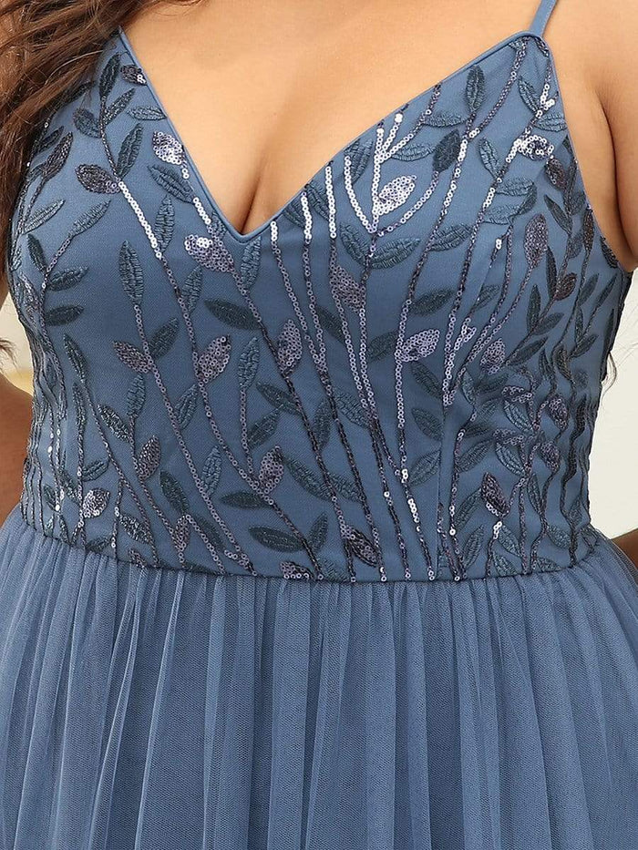 Plus Size V Neck Floral Sequined Spaghetti Straps Maxi Evening Dress