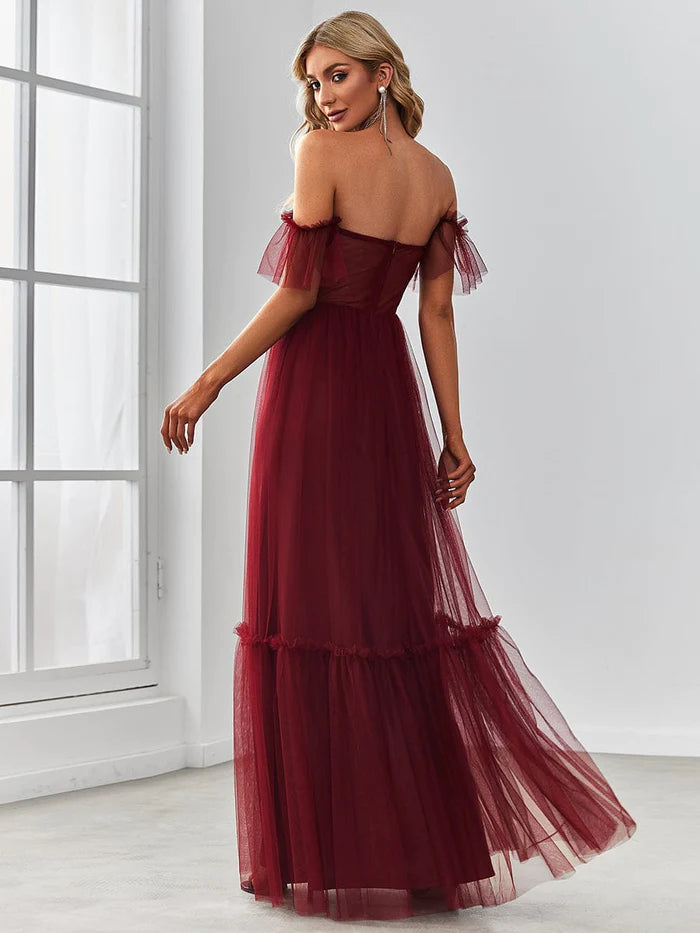 Off the Shoulder Sweetheart Pleated Tulle Evening Dress