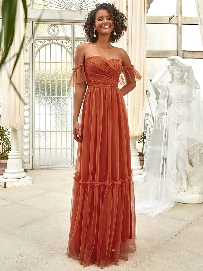 Off the Shoulder Sweetheart Pleated Tulle Evening Dress