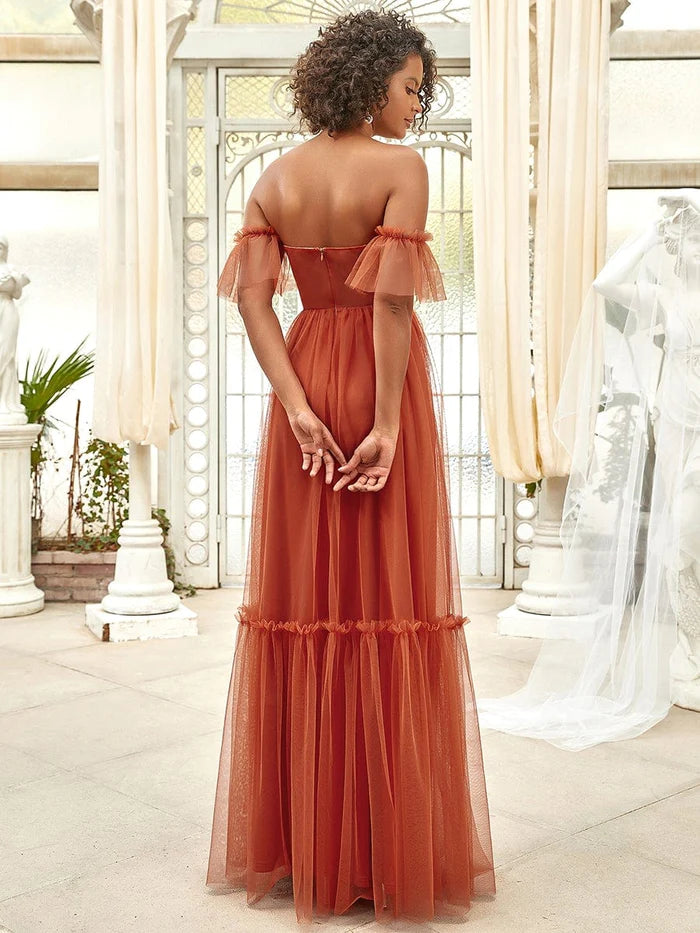 Off the Shoulder Sweetheart Pleated Tulle Evening Dress