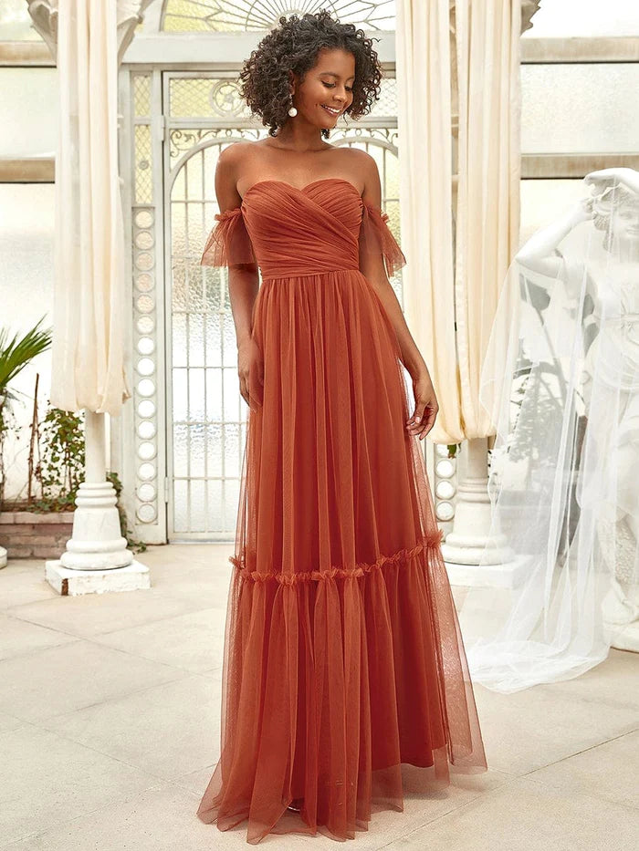Off the Shoulder Sweetheart Pleated Tulle Evening Dress