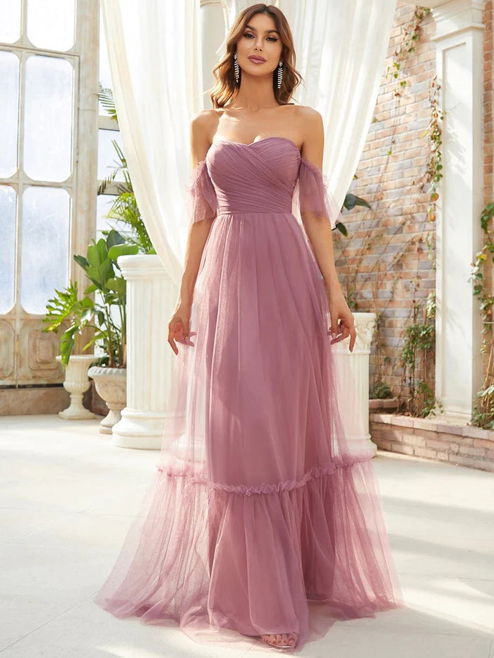 Off the Shoulder Sweetheart Pleated Tulle Evening Dress