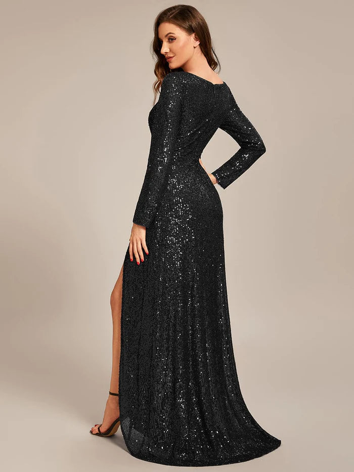 Long Sleeve V-neck Asymmetrical Hem Sequin Evening Dress