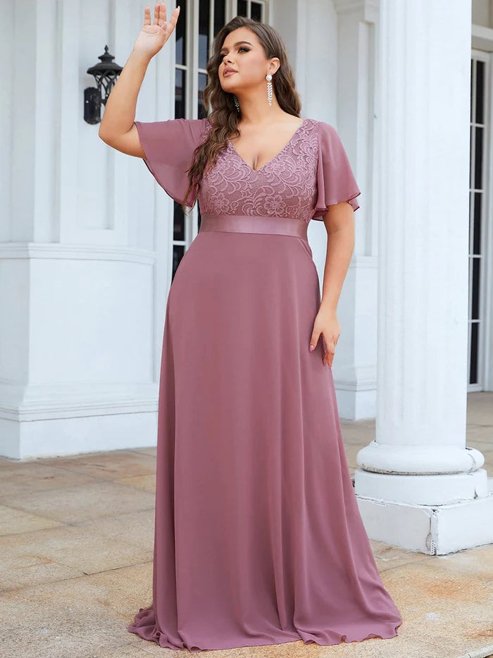 Lace Flutter Sleeve V-neck Evening Dress