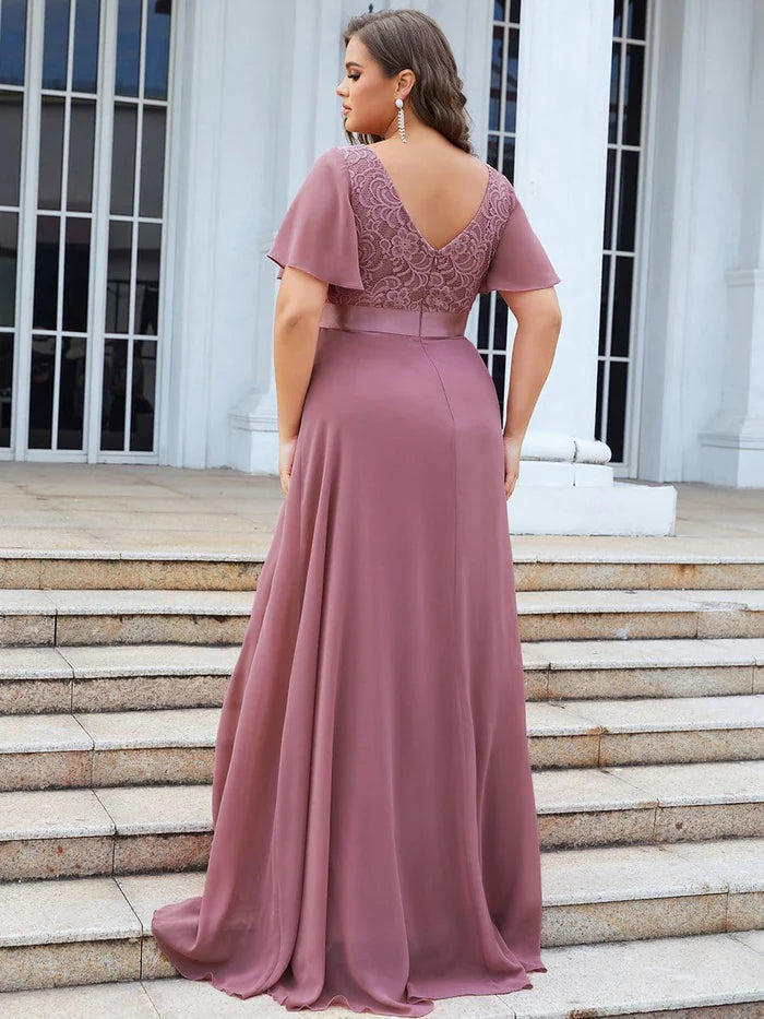 Lace Flutter Sleeve V-neck Evening Dress
