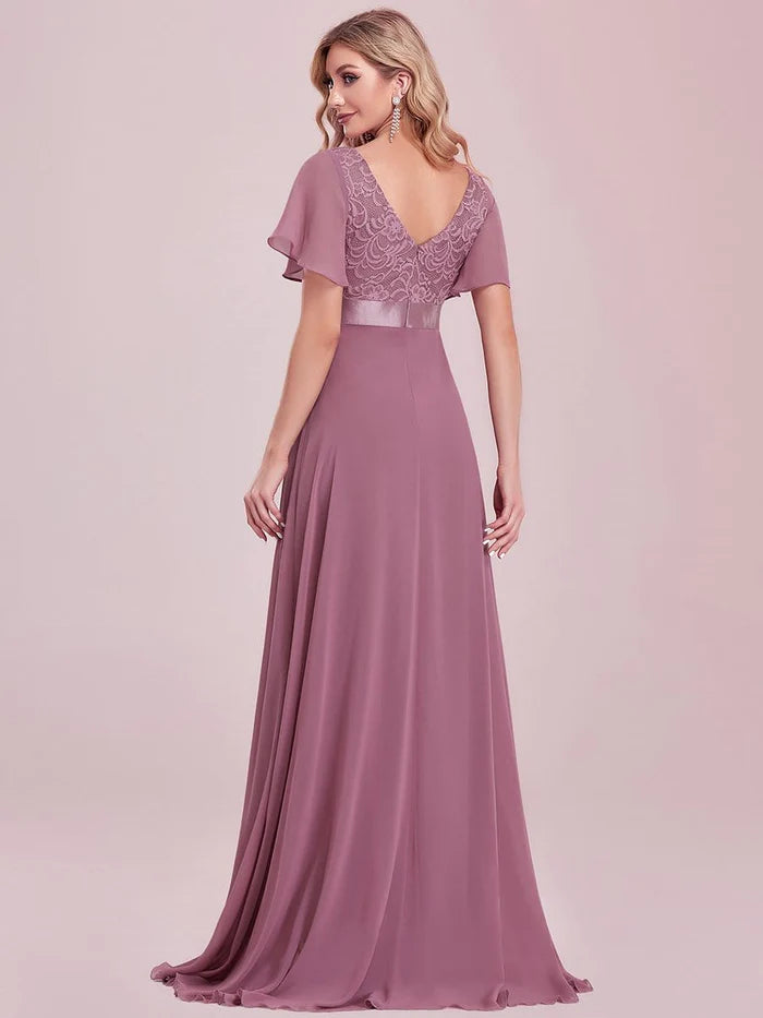 Lace Flutter Sleeve V-neck Evening Dress