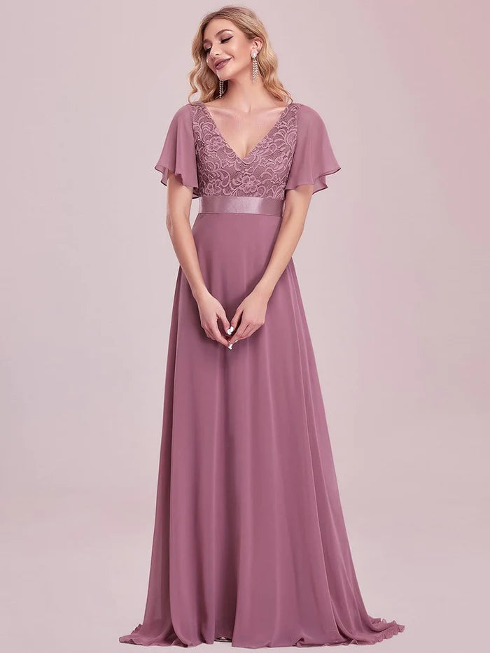 Lace Flutter Sleeve V-neck Evening Dress