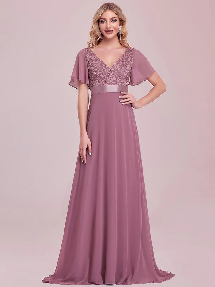 Lace Flutter Sleeve V-neck Evening Dress