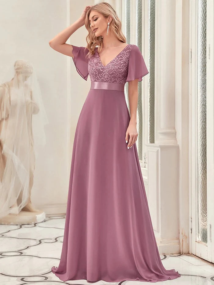 Lace Flutter Sleeve V-neck Evening Dress