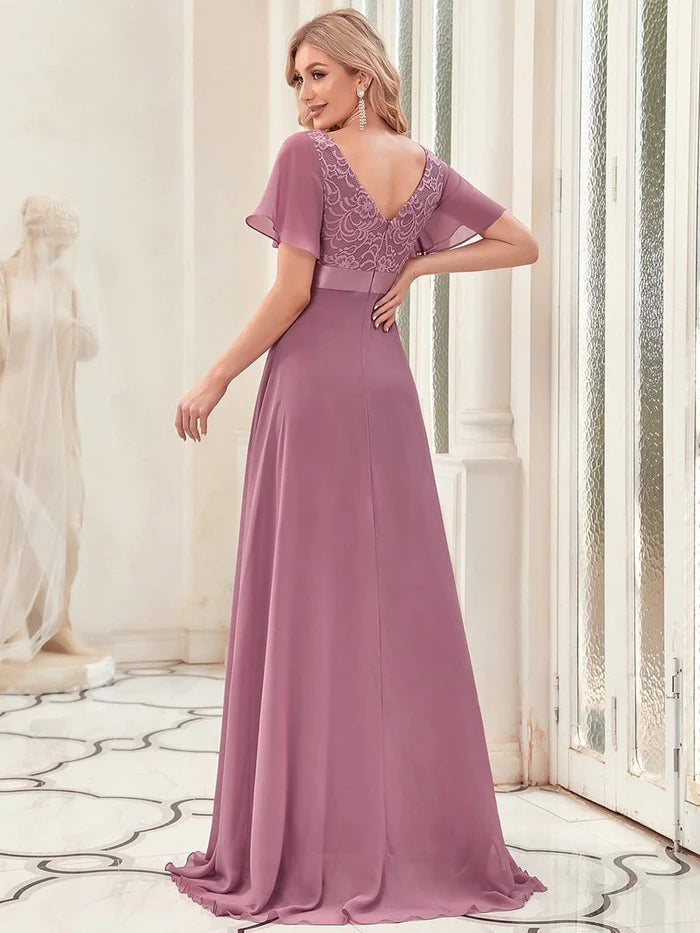 Lace Flutter Sleeve V-neck Evening Dress
