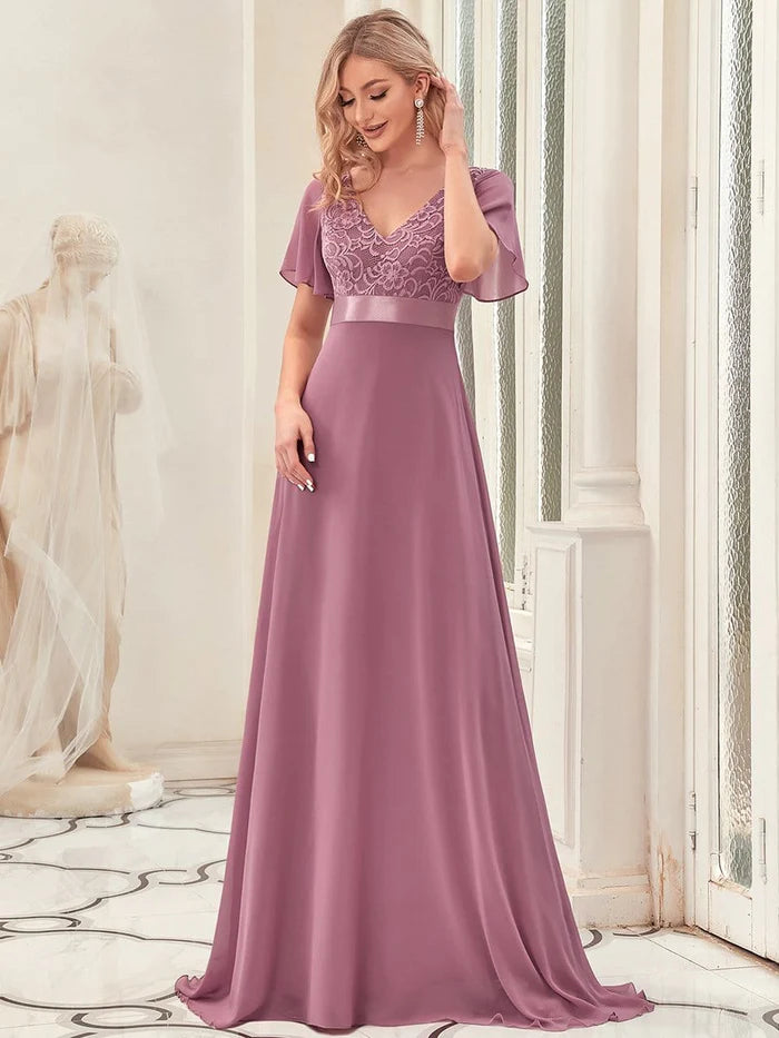 Lace Flutter Sleeve V-neck Evening Dress
