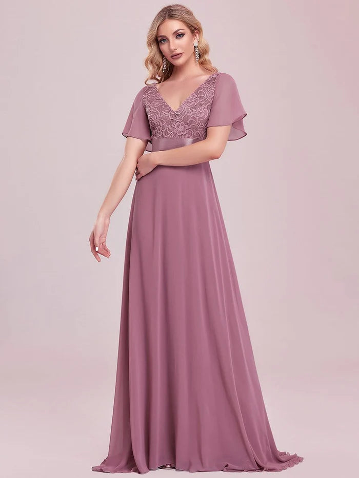 Lace Flutter Sleeve V-neck Evening Dress