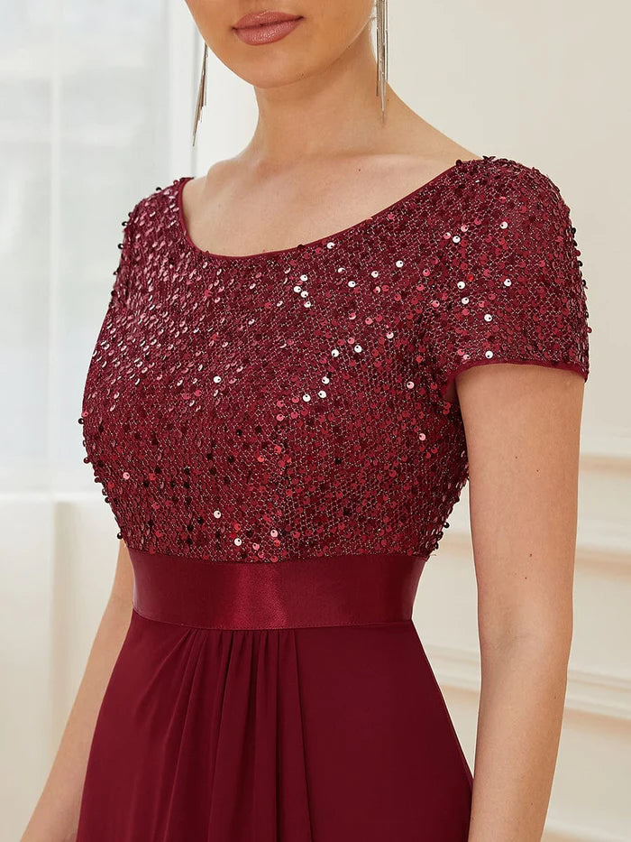 Sequin Short Sleeve High Low Evening Dress