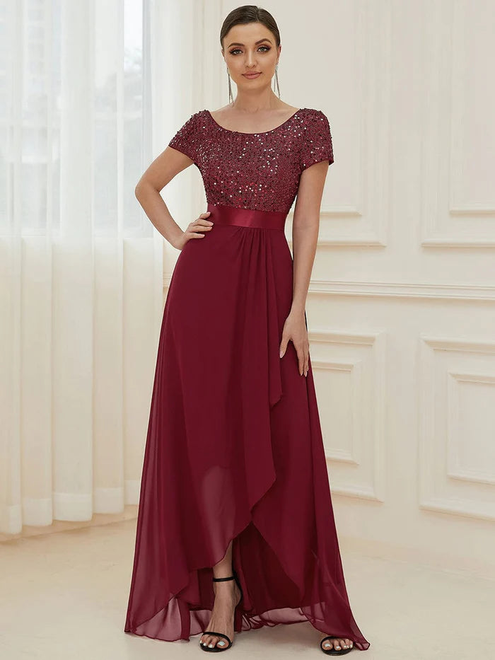 Sequin Short Sleeve High Low Evening Dress