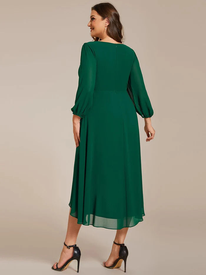 Elegant Long Sleeve V-Neck High Low Chiffon Wedding Guest Dress