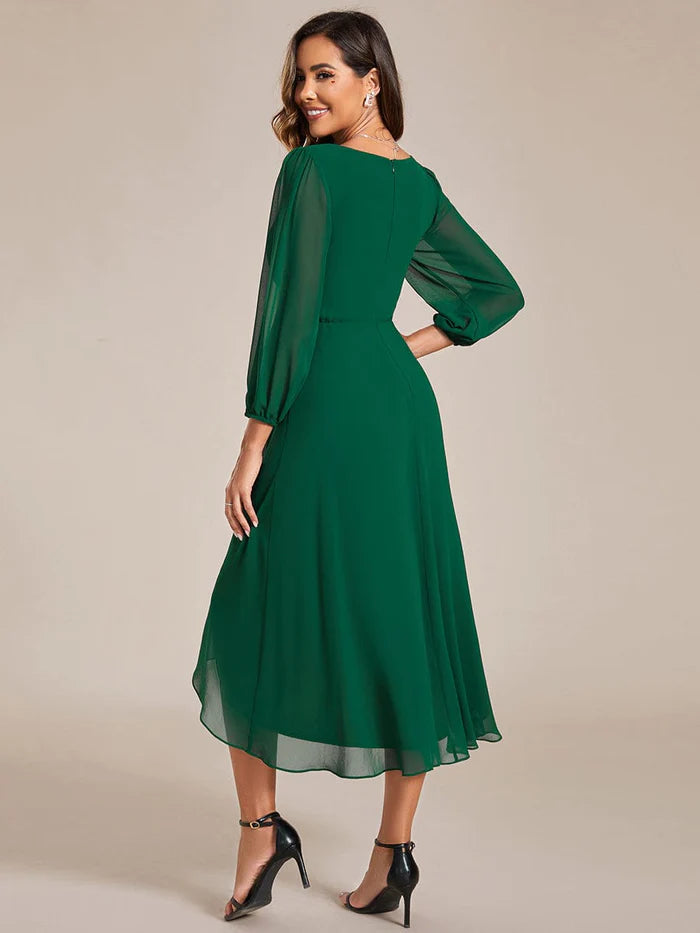 Elegant Long Sleeve V-Neck High Low Chiffon Wedding Guest Dress
