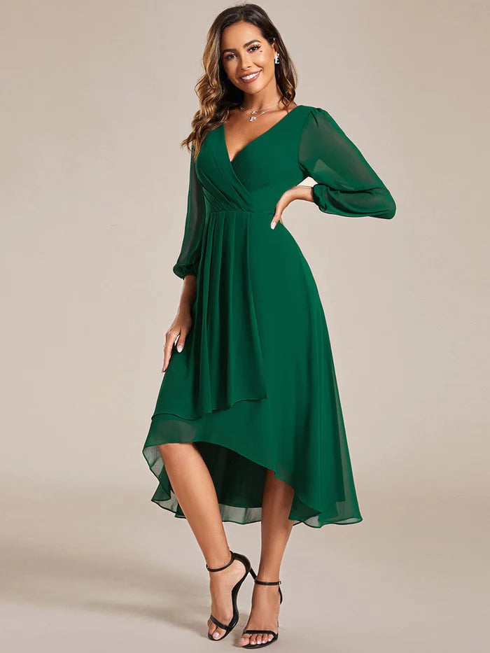 Elegant Long Sleeve V-Neck High Low Chiffon Wedding Guest Dress
