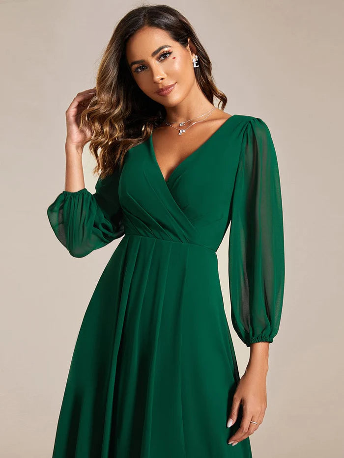 Elegant Long Sleeve V-Neck High Low Chiffon Wedding Guest Dress