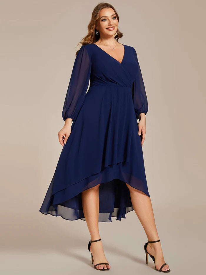 Plus Size Long Sleeve V-Neck Chiffon High Low Wedding Guest Dress