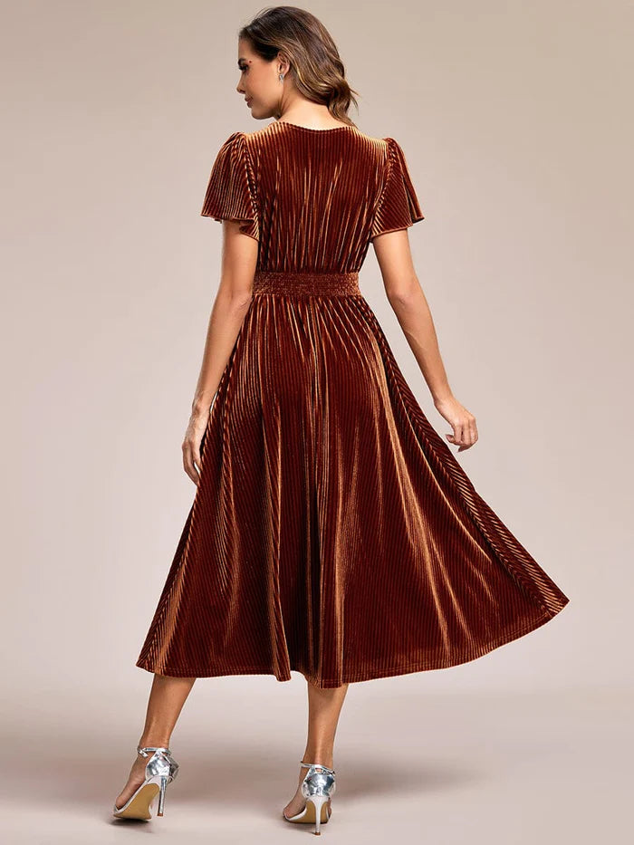 Striped Velvet Flutter Sleeves V-Neck Midi Wedding Guest Dress
