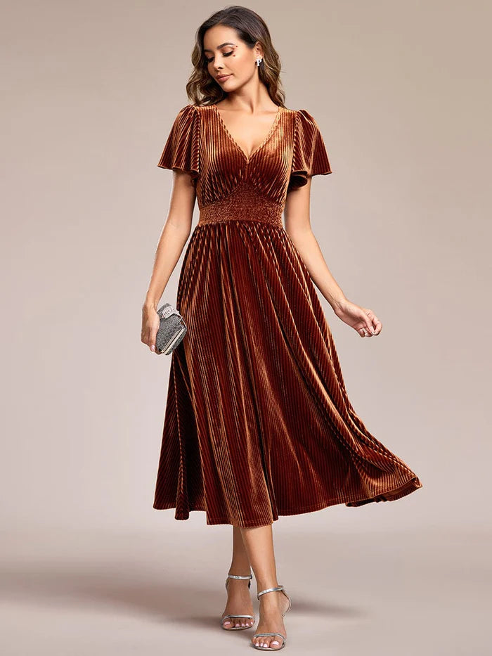 Striped Velvet Flutter Sleeves V-Neck Midi Wedding Guest Dress