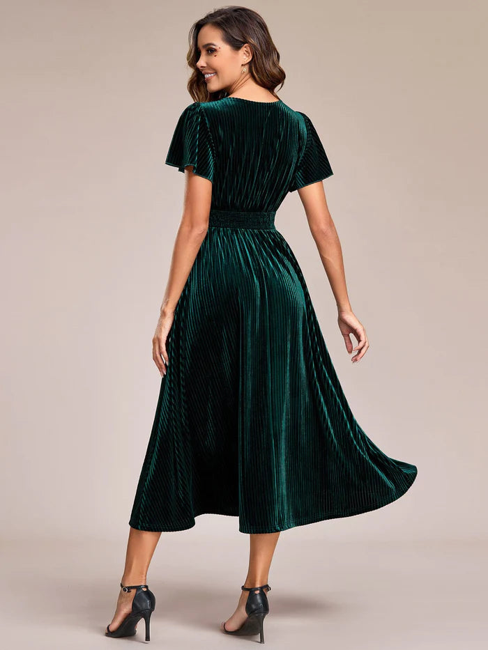 Striped Velvet Flutter Sleeves V-Neck Midi Wedding Guest Dress