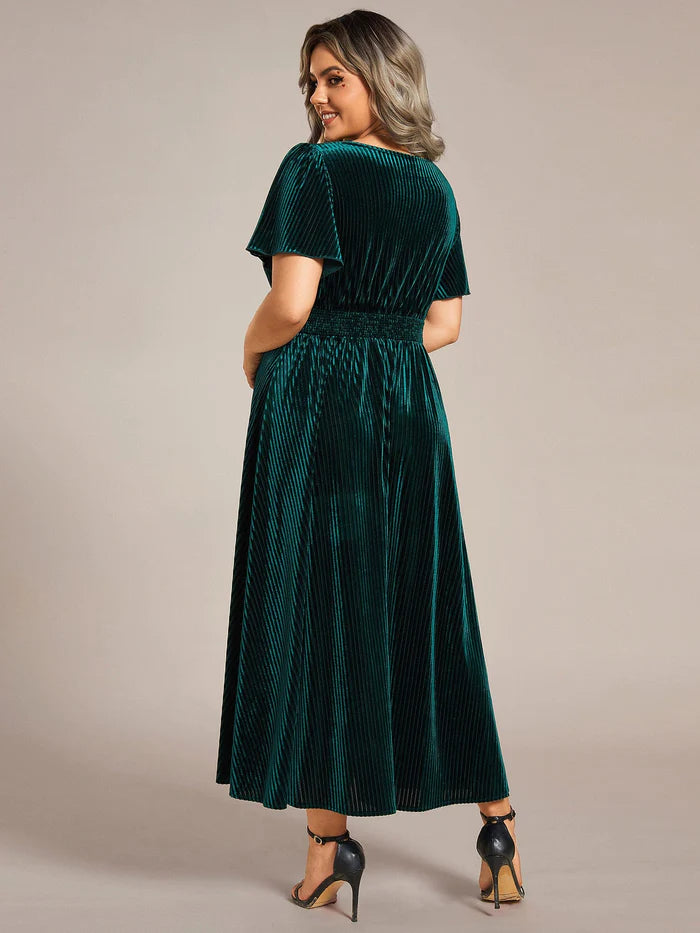 Striped Velvet Flutter Sleeves V-Neck Midi Wedding Guest Dress