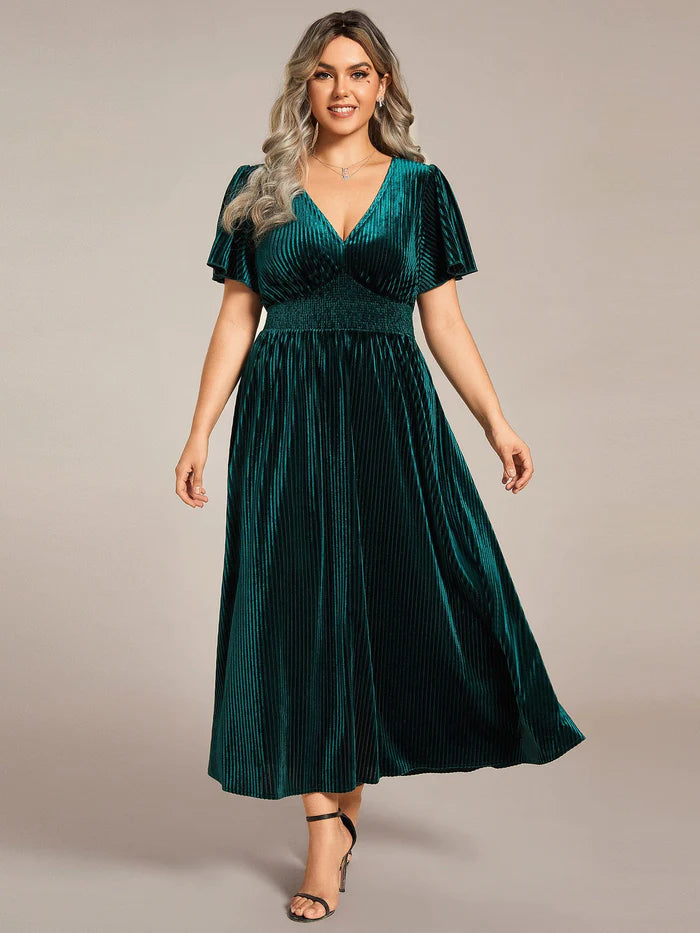 Striped Velvet Flutter Sleeves V-Neck Midi Wedding Guest Dress
