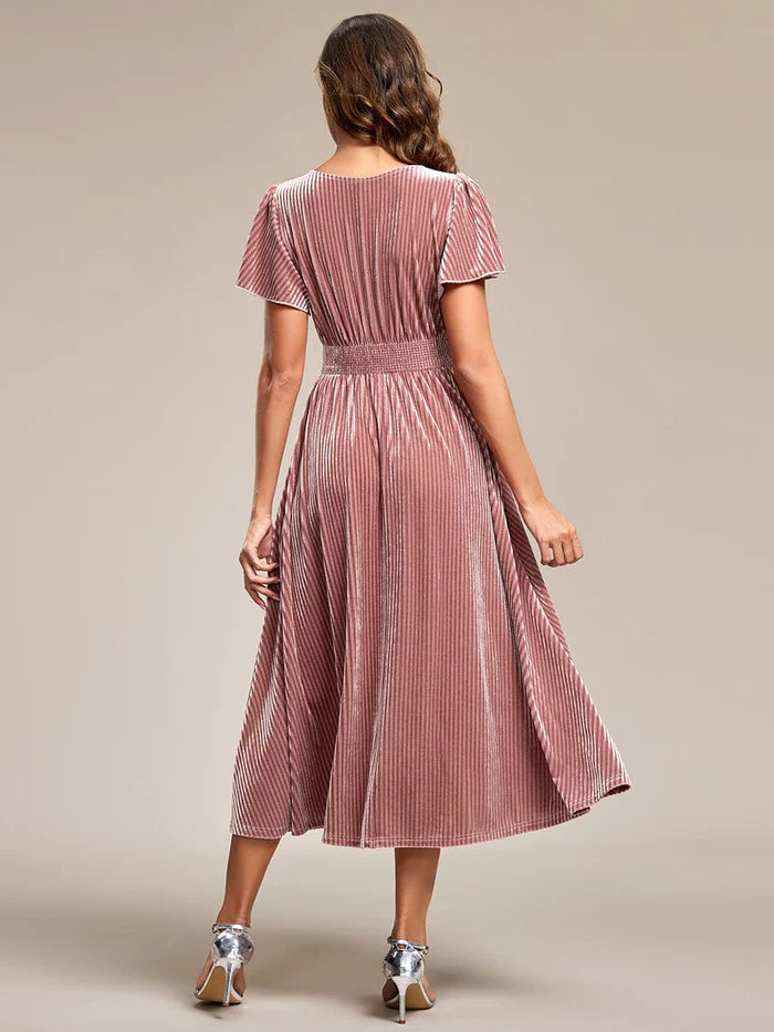 Striped Velvet Flutter Sleeves V-Neck Midi Wedding Guest Dress
