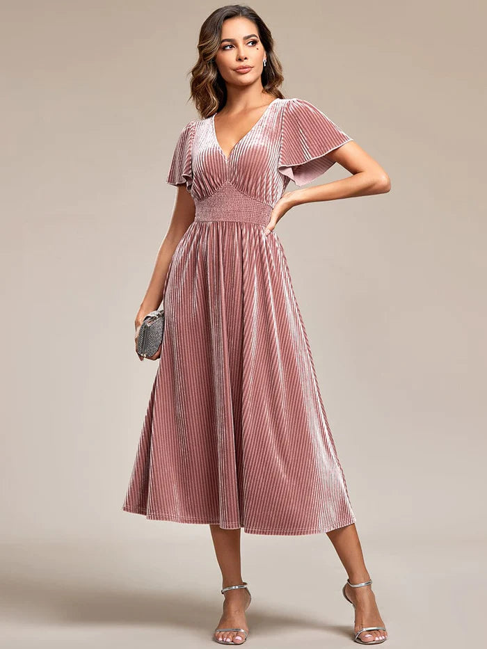 Striped Velvet Flutter Sleeves V-Neck Midi Wedding Guest Dress